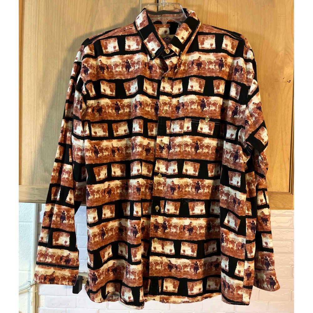 Barn Fly Button Down Shirt Mens XL Orange Western Cowboy Horse Print Long Sleeve